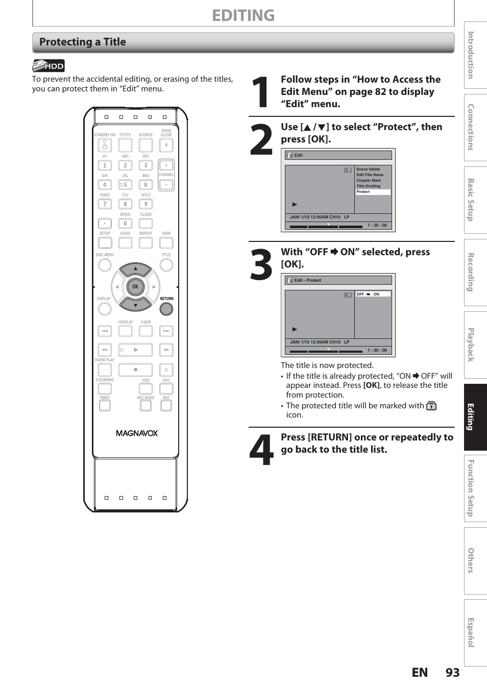 Protecting a title, Editing, 93 en 93 en | Use [ k / l ] to select “protect”, then press [ok, With “off on” selected, press [ok | Philips Magnavox Hdd& Dvd Player/Recorder With Digital Tuner F7 User Manual | Page 93 / 128