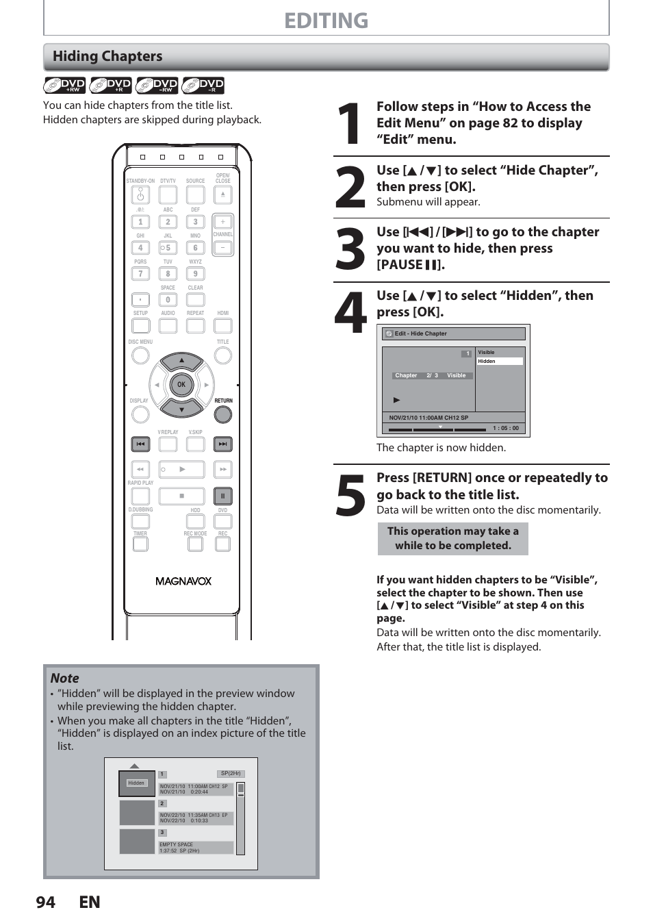 Hiding chapters, Editing, 94 en 94 en | Philips Magnavox Hdd& Dvd Player/Recorder With Digital Tuner F7 User Manual | Page 94 / 128