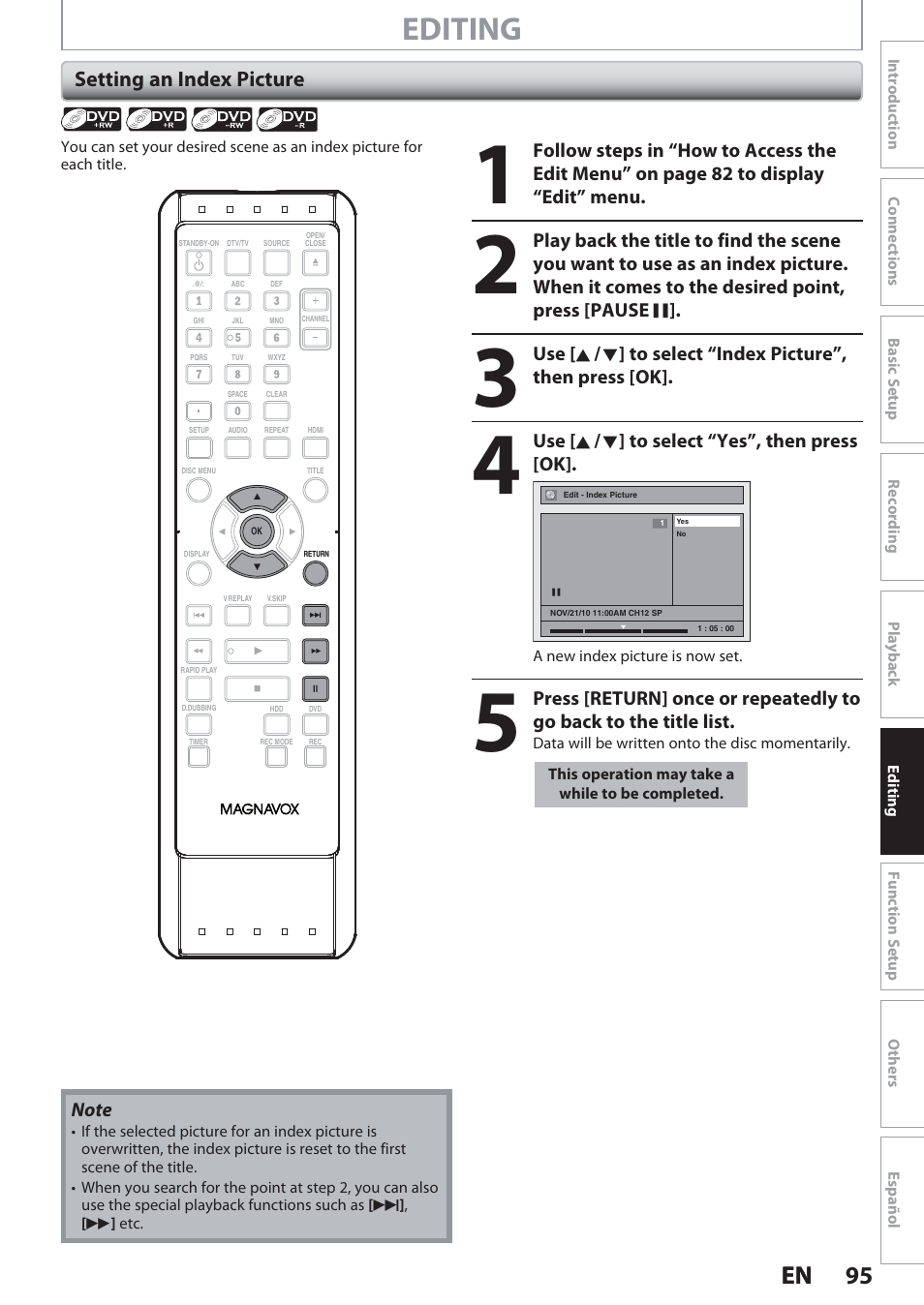 Setting an index picture, Editing, 95 en 95 en | Philips Magnavox Hdd& Dvd Player/Recorder With Digital Tuner F7 User Manual | Page 95 / 128