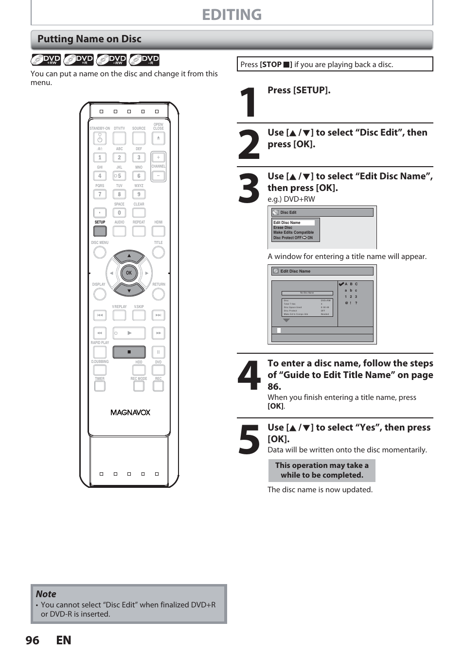 Putting name on disc, Editing, 96 en 96 en | Press [setup, Use [ k / l ] to select “yes”, then press [ok | Philips Magnavox Hdd& Dvd Player/Recorder With Digital Tuner F7 User Manual | Page 96 / 128