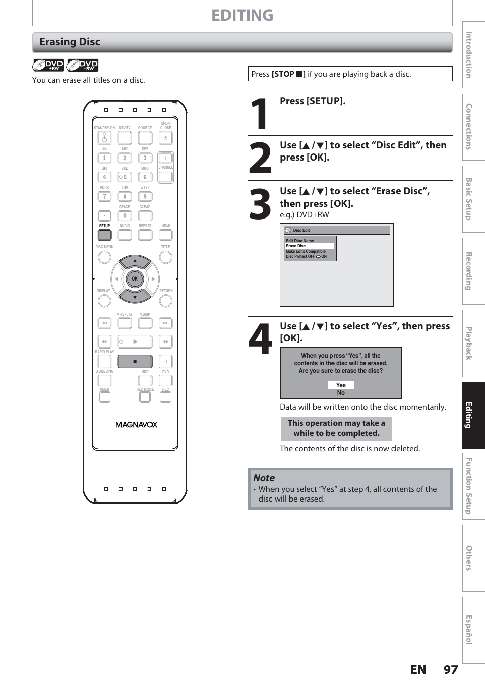 Erasing disc, Editing, 97 en 97 en | Philips Magnavox Hdd& Dvd Player/Recorder With Digital Tuner F7 User Manual | Page 97 / 128