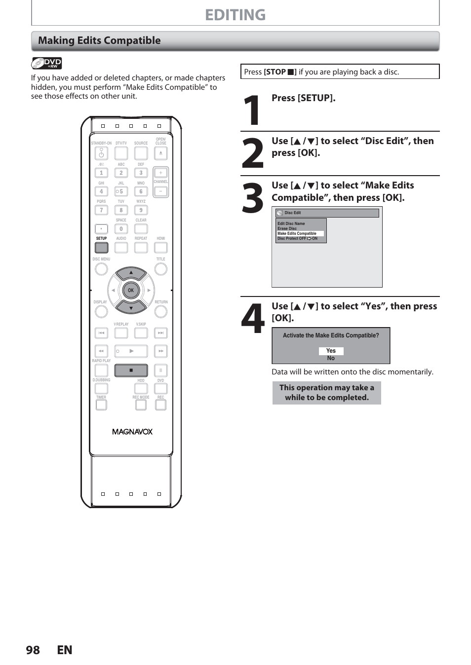 Making edits compatible, Editing, 98 en 98 en | Philips Magnavox Hdd& Dvd Player/Recorder With Digital Tuner F7 User Manual | Page 98 / 128