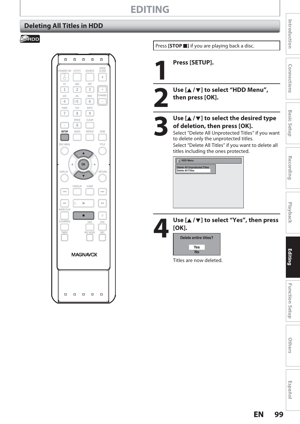 Deleting all titles in hdd, Editing, 99 en 99 en | Philips Magnavox Hdd& Dvd Player/Recorder With Digital Tuner F7 User Manual | Page 99 / 128