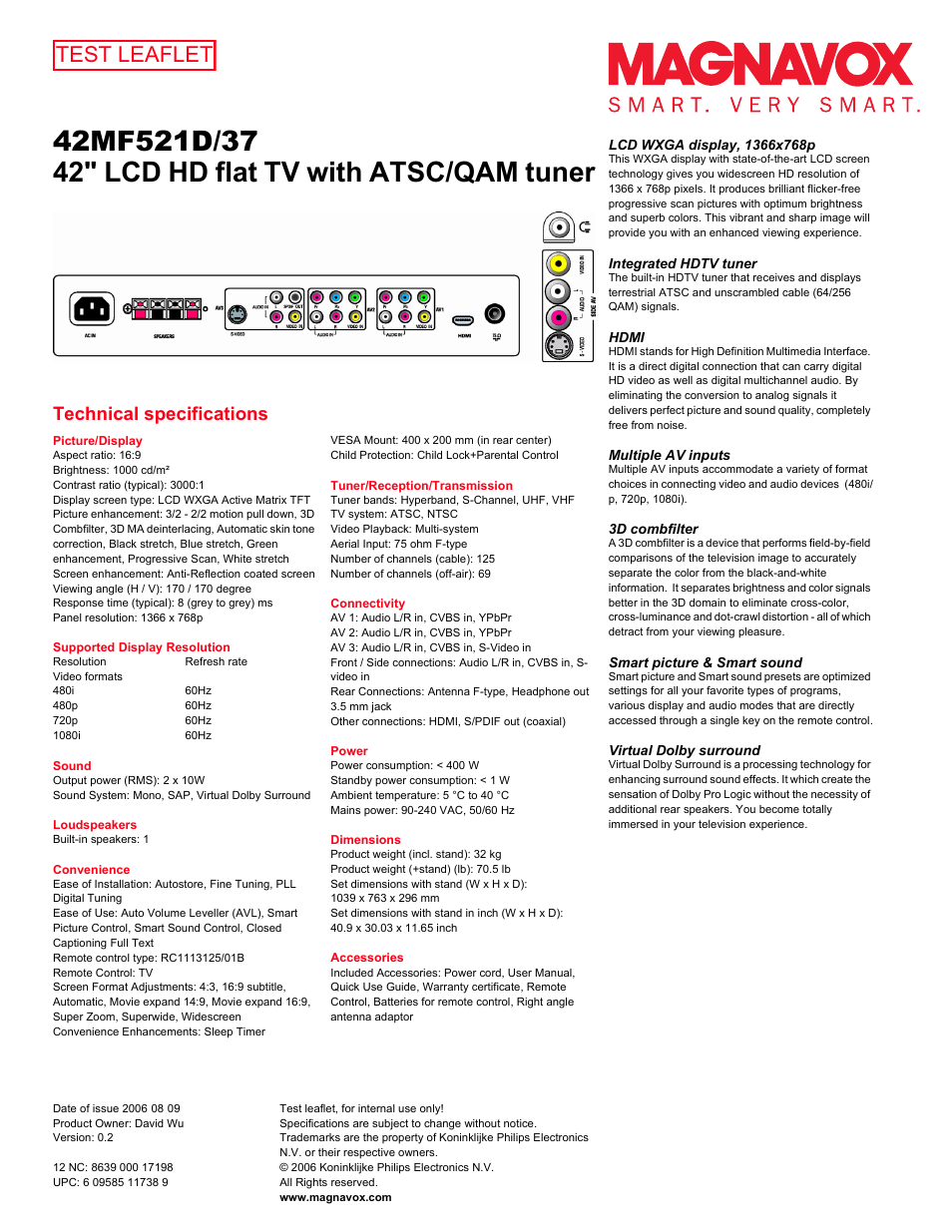 Test leaflet, Technical specifications | Philips Magnavox 42MF521D User Manual | Page 2 / 2