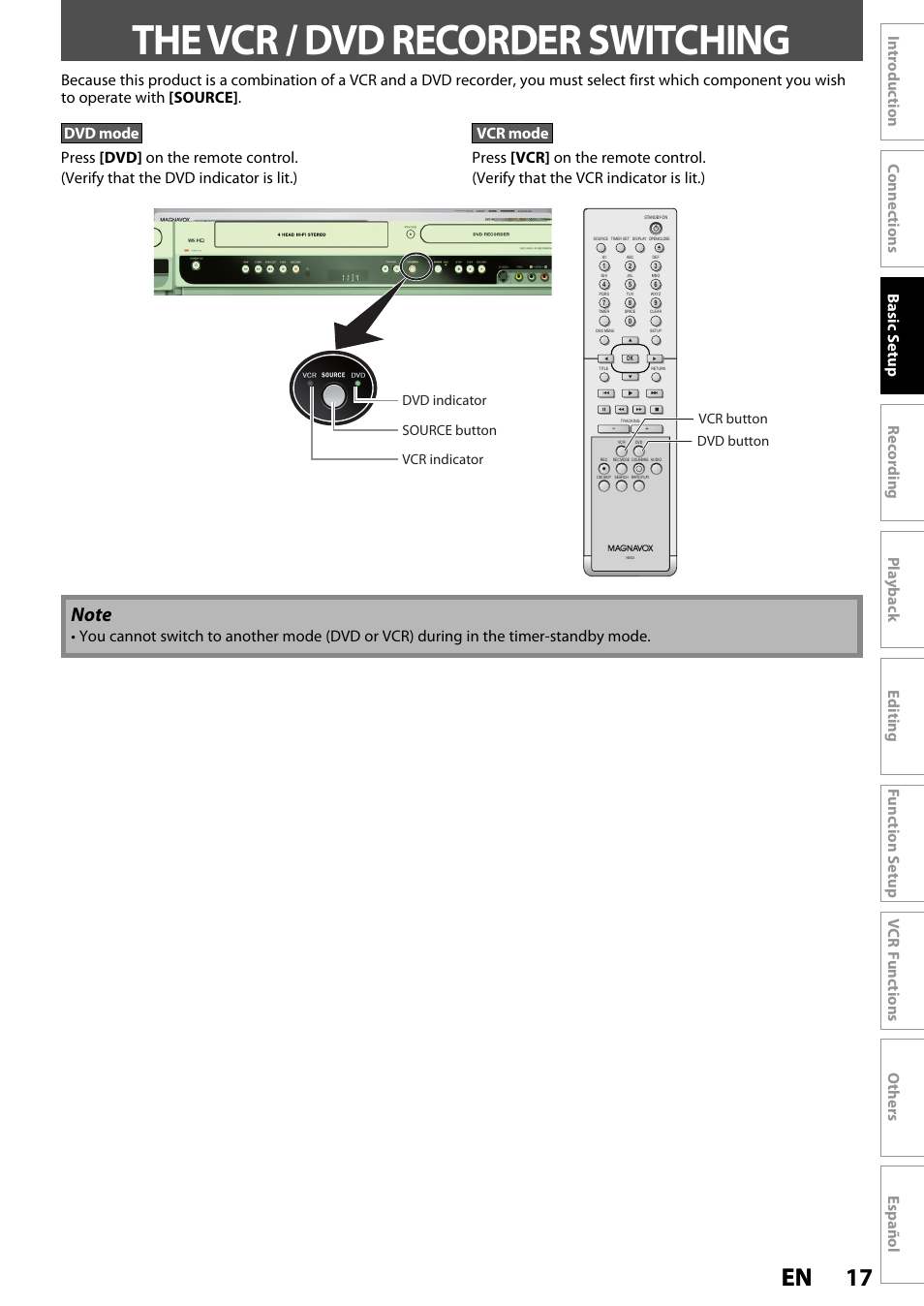 The vcr / dvd recorder switching, 17 en 17 en | Philips Magnavox ZV420MW8 User Manual | Page 17 / 96