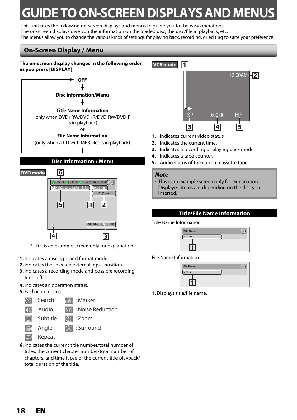 Guide to on-screen displays and menus, 18 en 18 en, On-screen display / menu | Philips Magnavox ZV420MW8 User Manual | Page 18 / 96