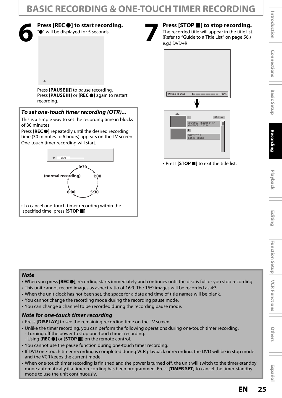 Basic recording & one-touch timer recording, 25 en 25 en | Philips Magnavox ZV420MW8 User Manual | Page 25 / 96