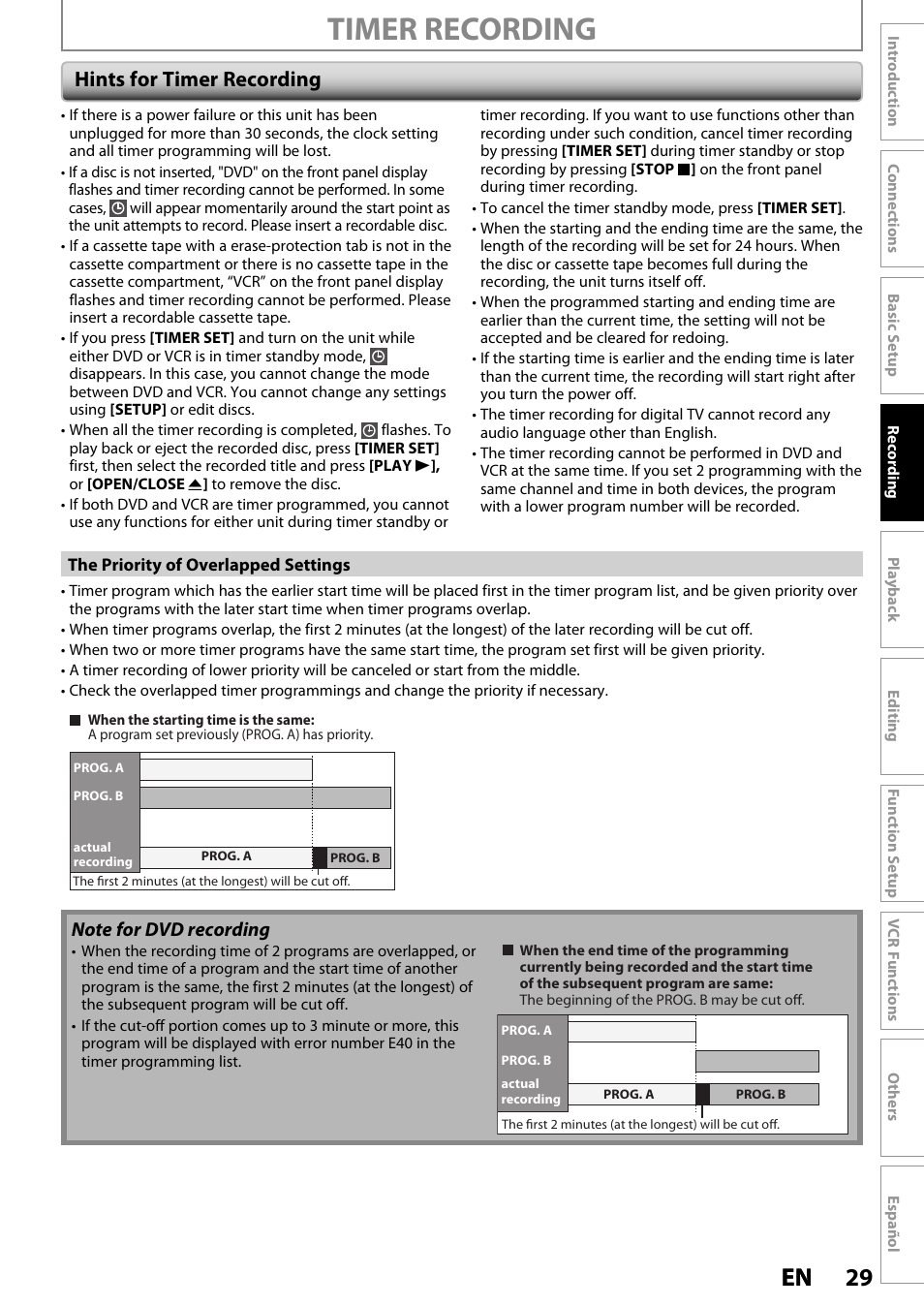 Timer recording, 29 en 29 en, Hints for timer recording | Philips Magnavox ZV420MW8 User Manual | Page 29 / 96