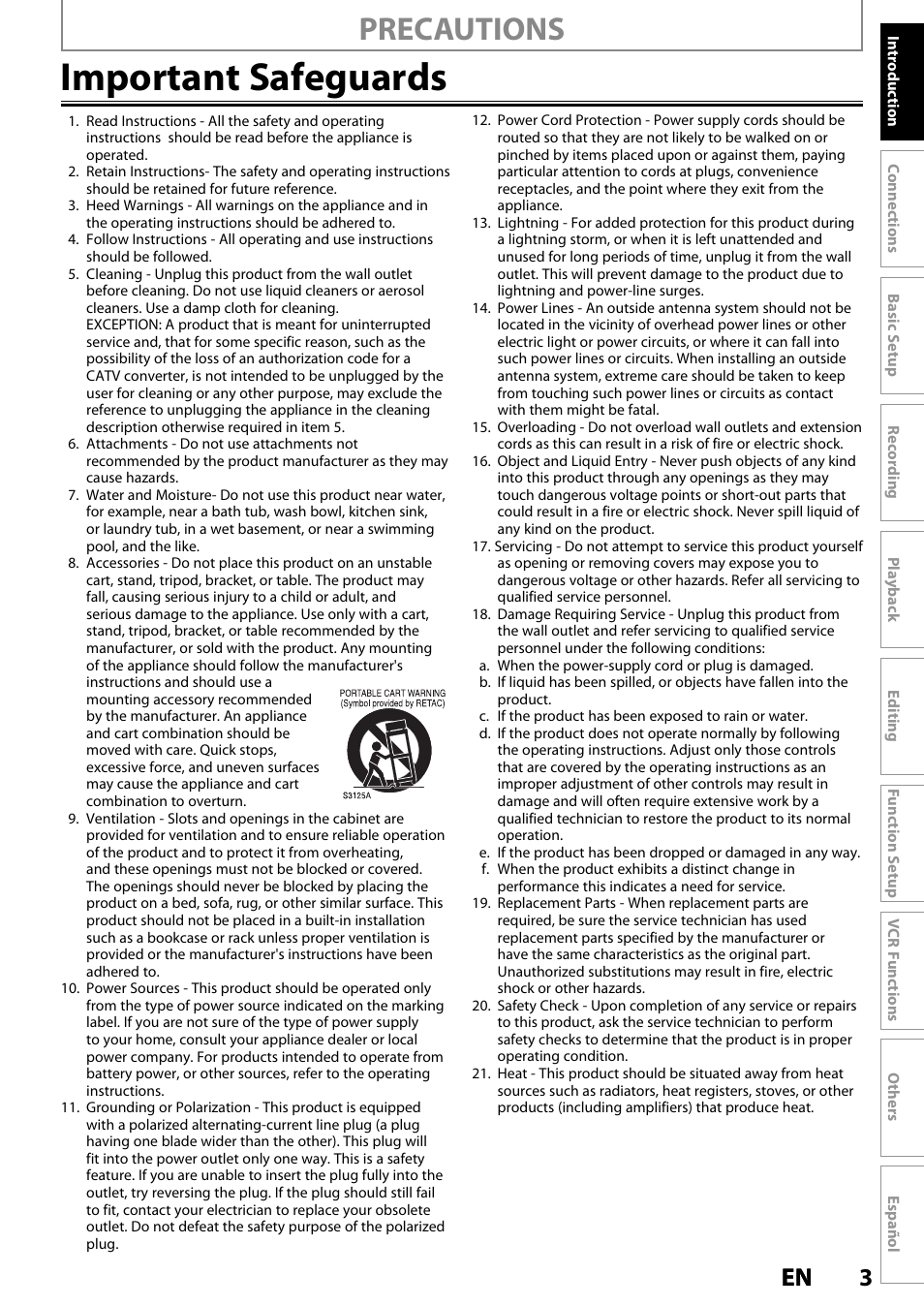 Important safeguards, Precautions, 3en 3 en | Philips Magnavox ZV420MW8 User Manual | Page 3 / 96