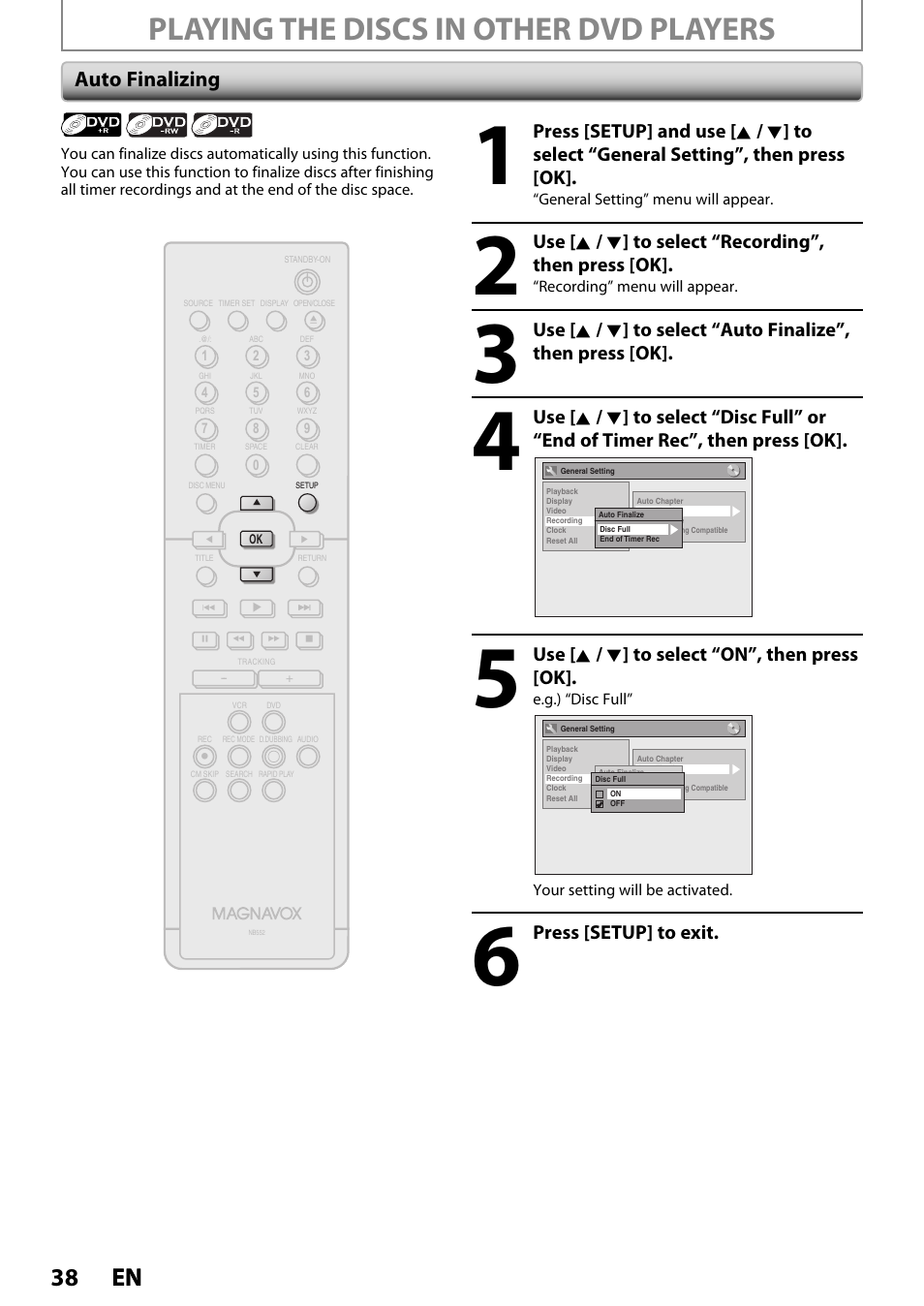 Playing the discs in other dvd players, 38 en 38 en, Auto finalizing | Philips Magnavox ZV420MW8 User Manual | Page 38 / 96