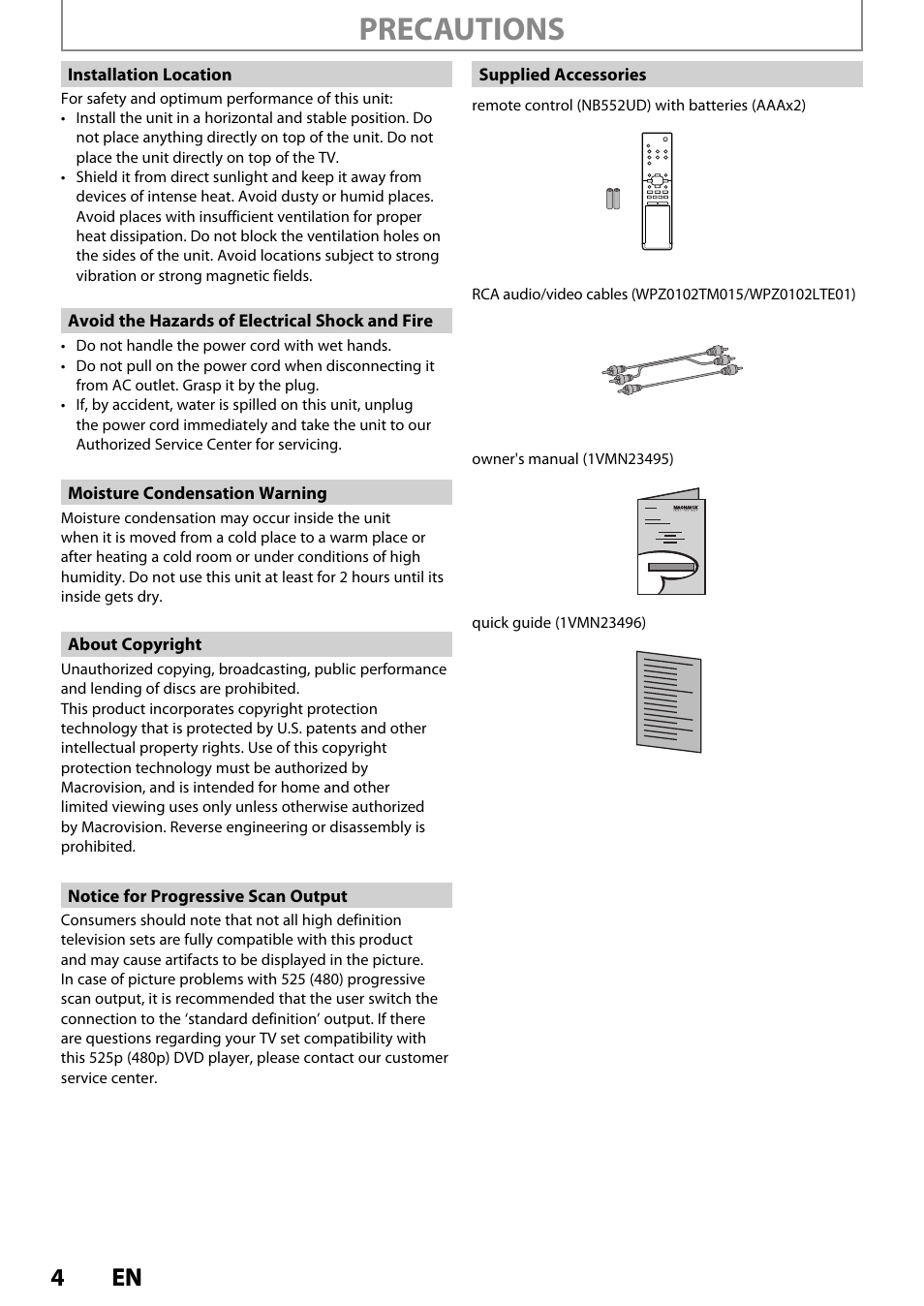 Precautions, 4en 4 en | Philips Magnavox ZV420MW8 User Manual | Page 4 / 96