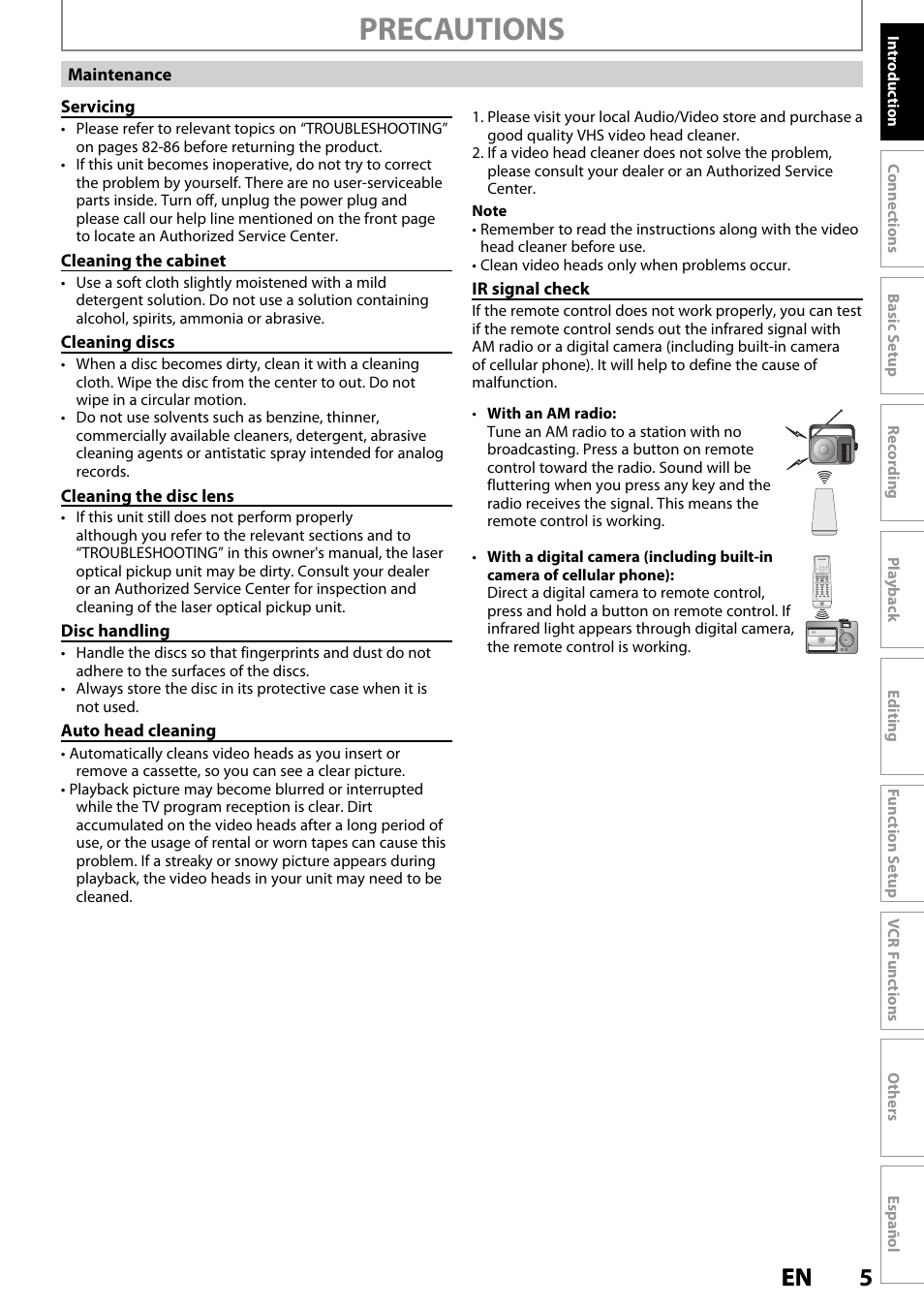 Precautions, 5en 5 en | Philips Magnavox ZV420MW8 User Manual | Page 5 / 96