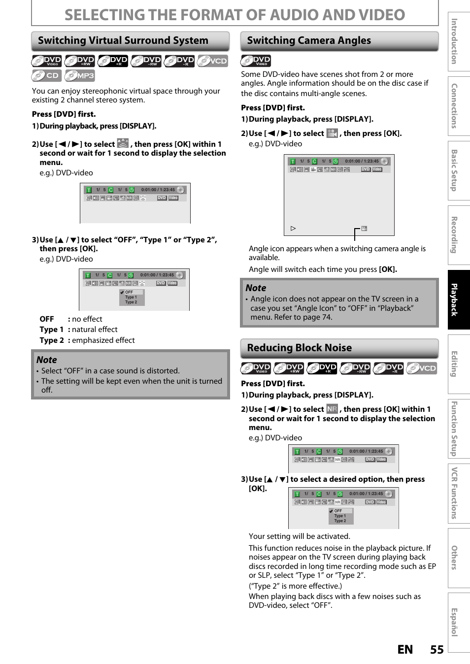 Selecting the format of audio and video, 55 en 55 en, Switching virtual surround system | Switching camera angles reducing block noise | Philips Magnavox ZV420MW8 User Manual | Page 55 / 96