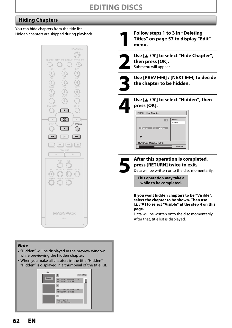 Editing discs, 62 en 62 en, Hiding chapters | Use [ k / l ] to select “hidden”, then press [ok | Philips Magnavox ZV420MW8 User Manual | Page 62 / 96