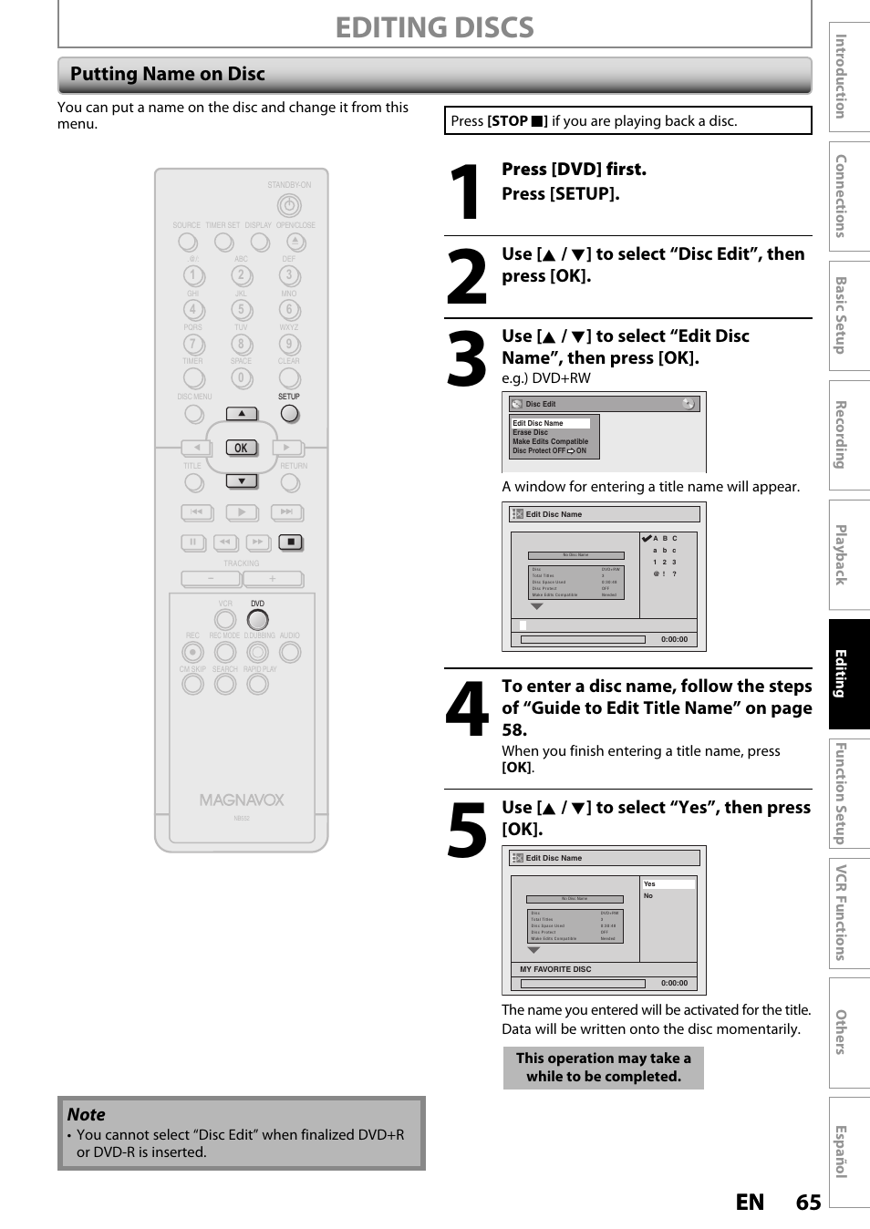 Editing discs, 65 en 65 en, Putting name on disc | Press [dvd] first. press [setup, Use [ k / l ] to select “yes”, then press [ok | Philips Magnavox ZV420MW8 User Manual | Page 65 / 96