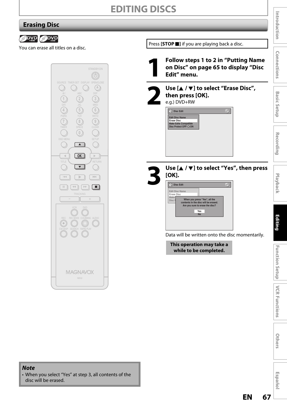 Editing discs, 67 en 67 en, Erasing disc | Use [ k / l ] to select “yes”, then press [ok | Philips Magnavox ZV420MW8 User Manual | Page 67 / 96