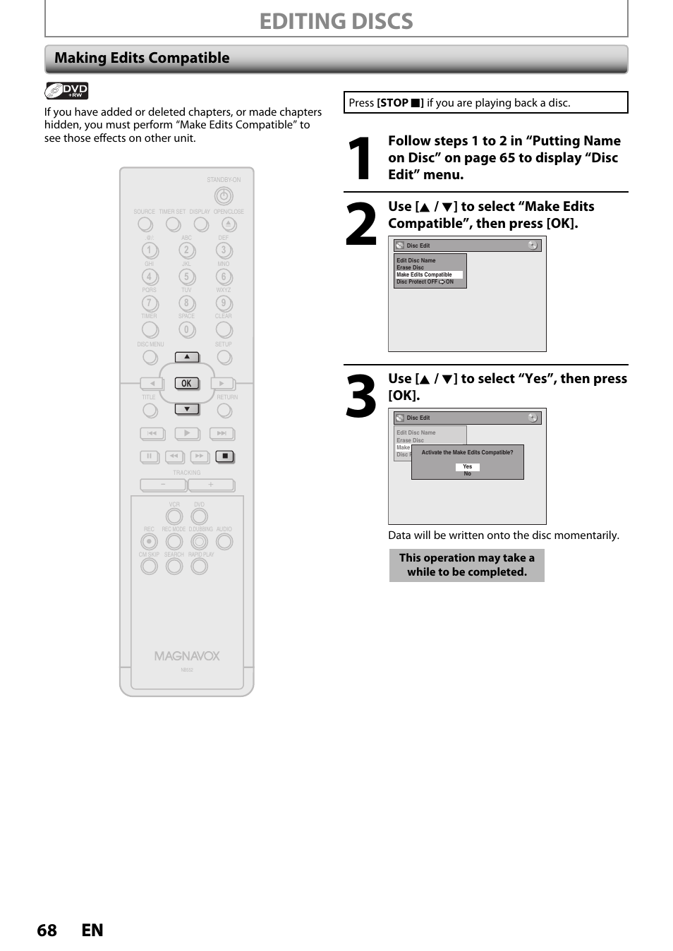 Editing discs, 68 en 68 en, Making edits compatible | Use [ k / l ] to select “yes”, then press [ok | Philips Magnavox ZV420MW8 User Manual | Page 68 / 96