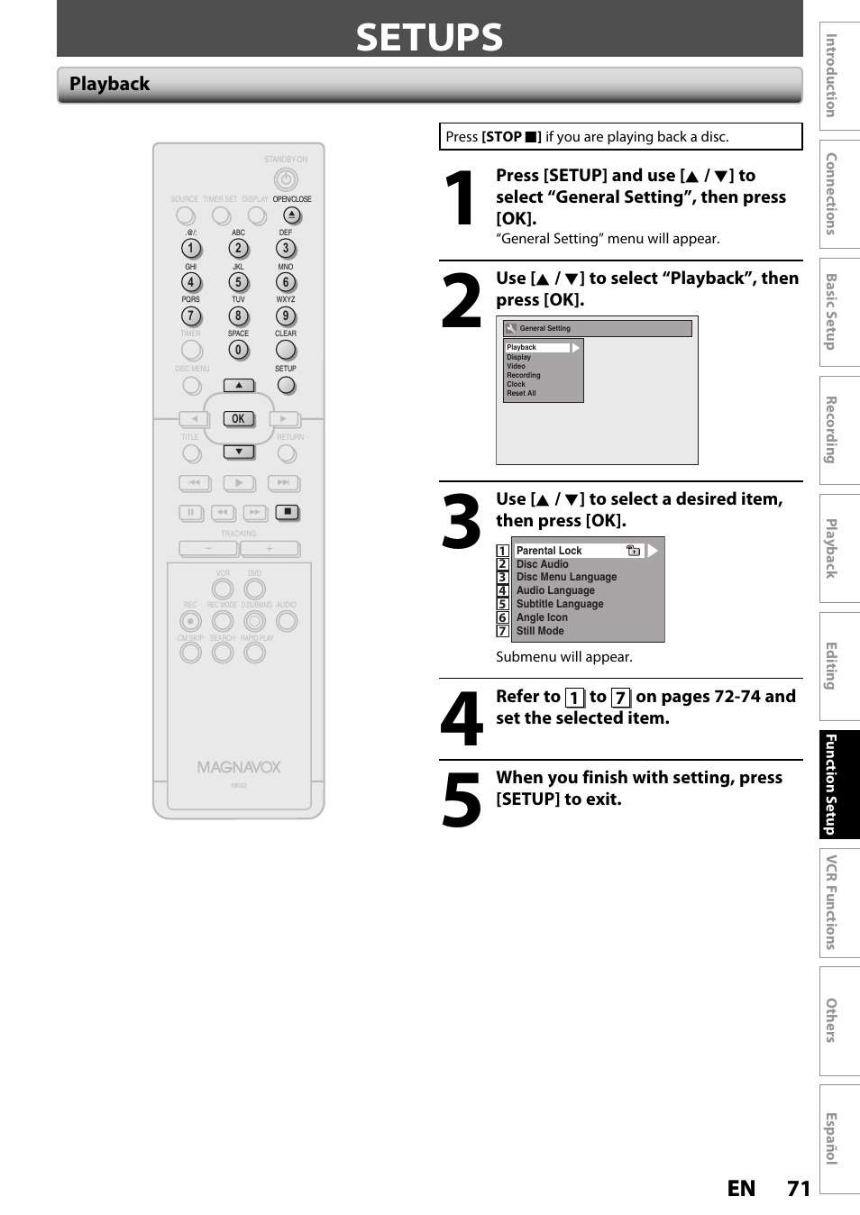 Setups, 71 en 71 en, Playback | Use [ k / l ] to select “playback”, then press [ok | Philips Magnavox ZV420MW8 User Manual | Page 71 / 96