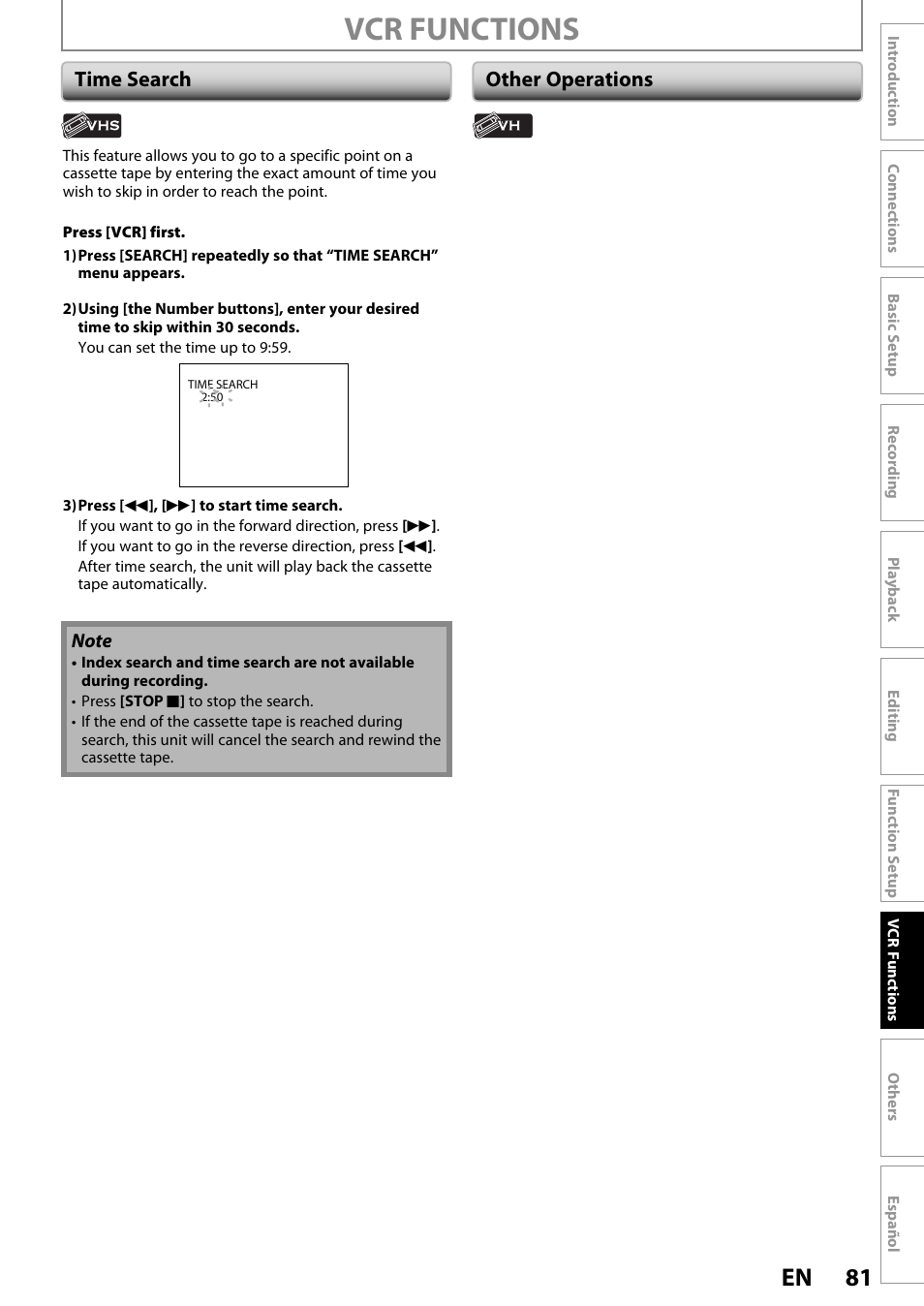 Vcr functions, 81 en, Time search other operations | Philips Magnavox ZV420MW8 User Manual | Page 81 / 96