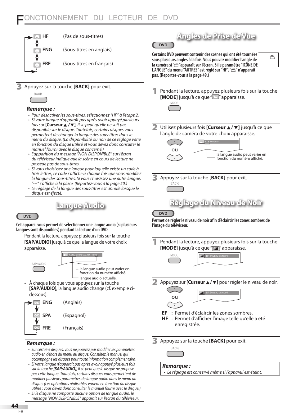 Onctionnement du lecteur de dvd, Langue audio, Angles de prise de vue | Réglage du niveau de noir | Philips Magnavox 19MD359B User Manual | Page 100 / 169