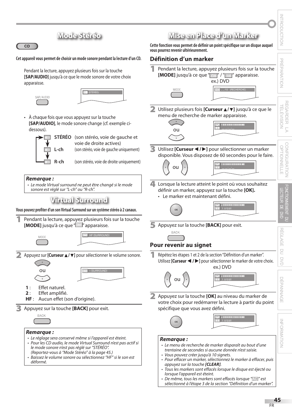 Mode stéréo, Virtual surround, Mise en place d’un marker | Philips Magnavox 19MD359B User Manual | Page 101 / 169