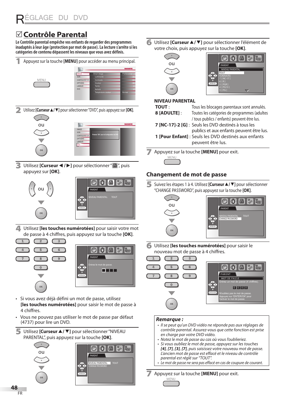 Églage du dvd, Contrôle parental, Changement de mot de passe | Remarque | Philips Magnavox 19MD359B User Manual | Page 104 / 169