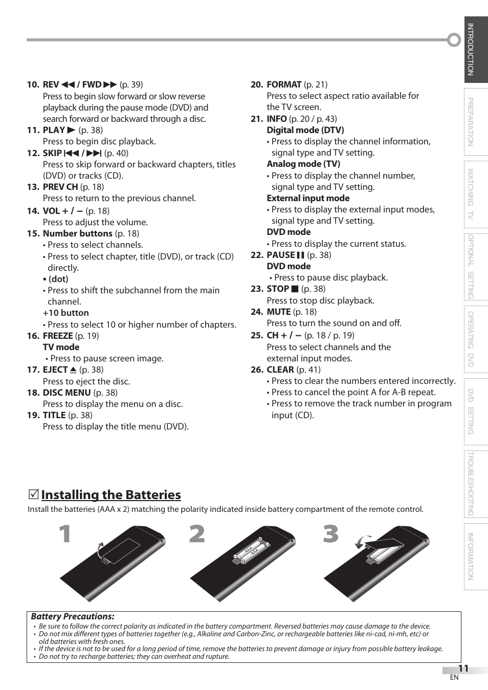 Installing the batteries | Philips Magnavox 19MD359B User Manual | Page 11 / 169