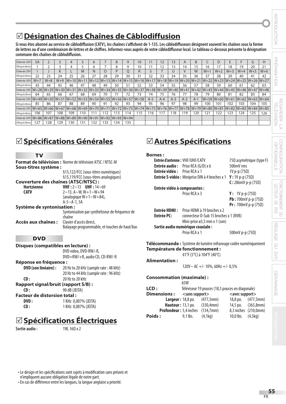 Spécifications générales, Spécifications électriques, 5autres spécifications | Désignation des chaînes de câblodiffusion 5 | Philips Magnavox 19MD359B User Manual | Page 111 / 169