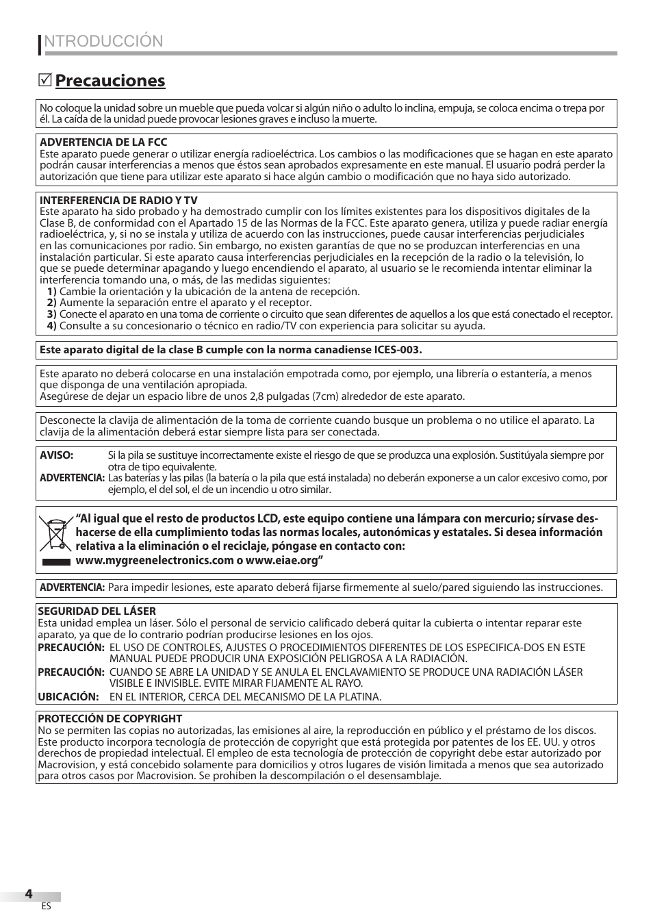 Ntroducción, Precauciones 5 | Philips Magnavox 19MD359B User Manual | Page 116 / 169
