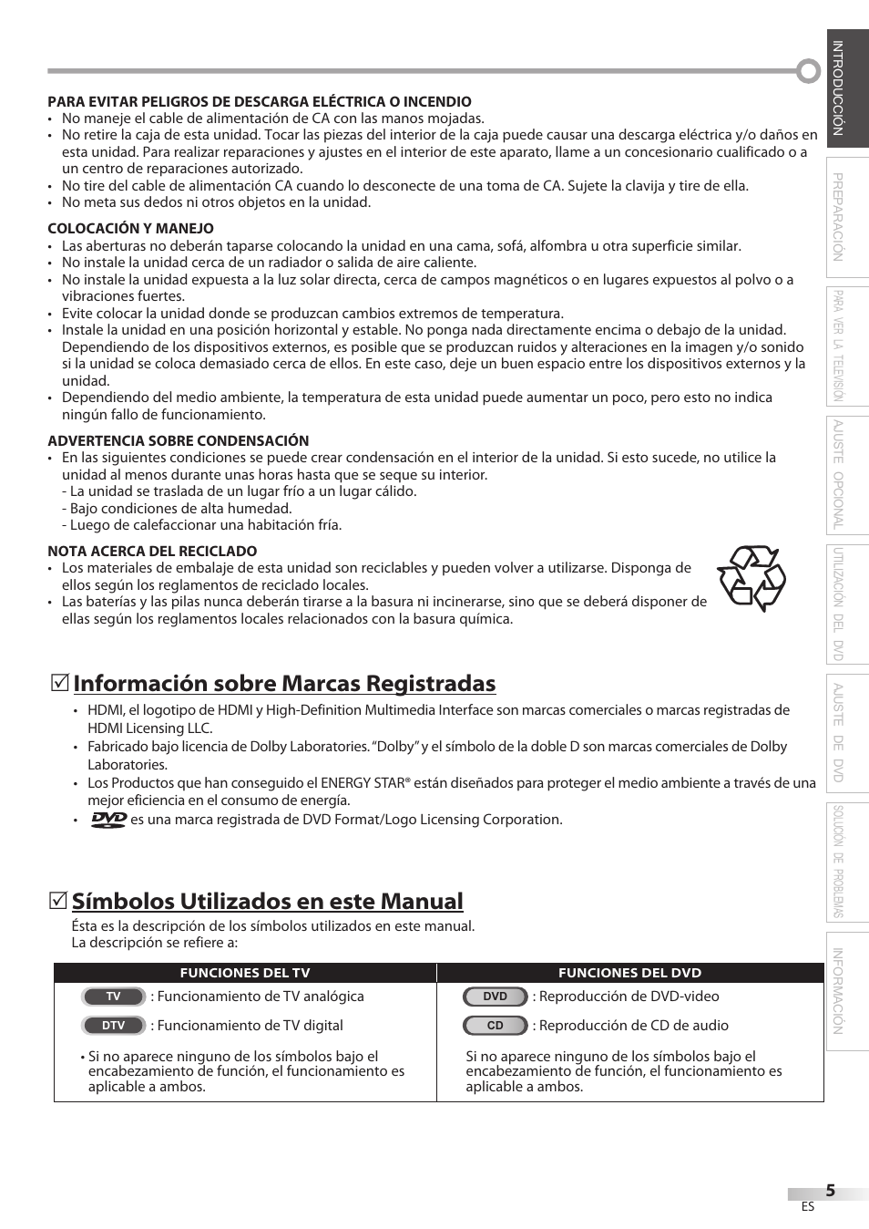 Información sobre marcas registradas, Símbolos utilizados en este manual | Philips Magnavox 19MD359B User Manual | Page 117 / 169