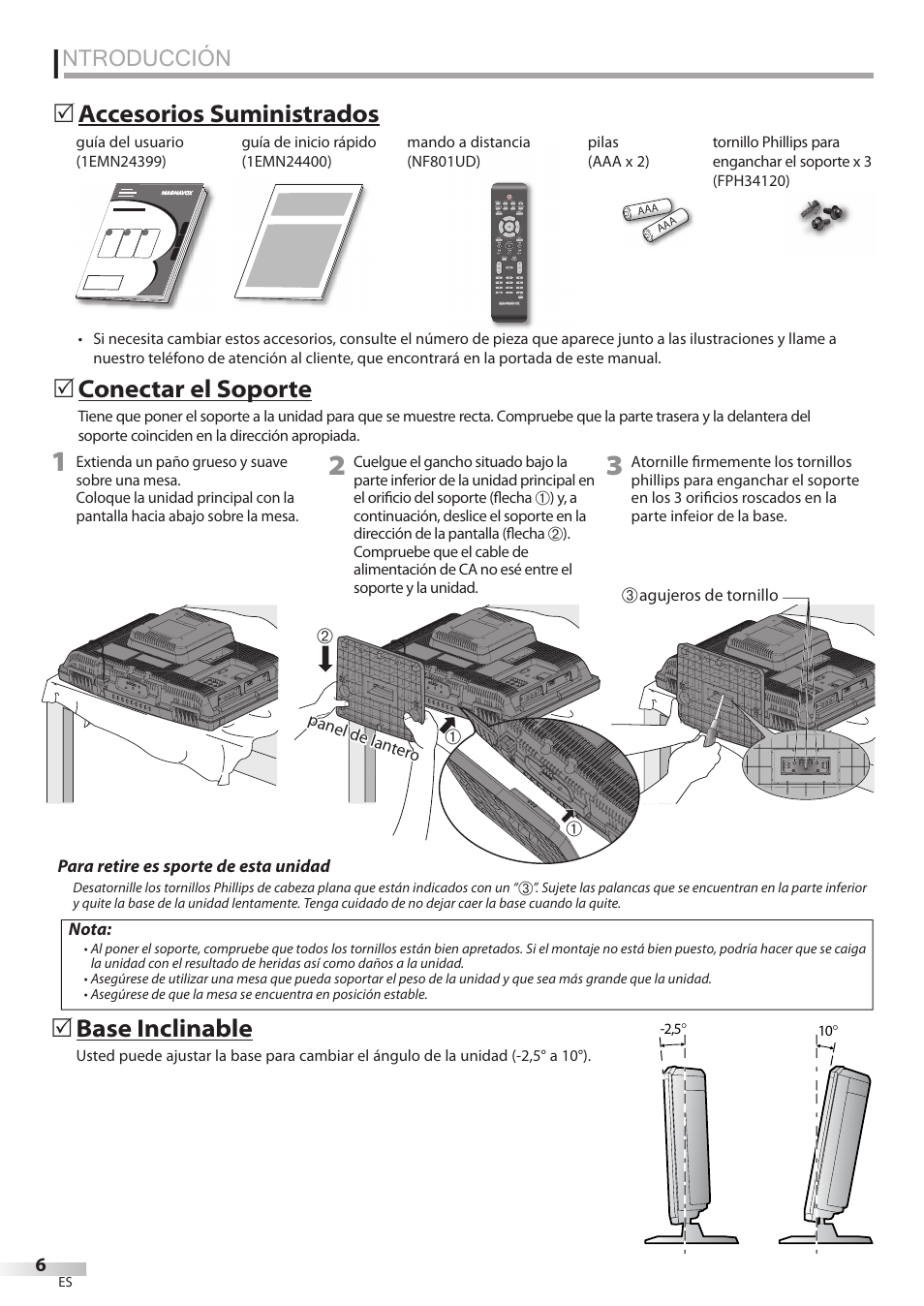 Ntroducción, Conectar el soporte, Accesorios suministrados 5 | Base inclinable | Philips Magnavox 19MD359B User Manual | Page 118 / 169
