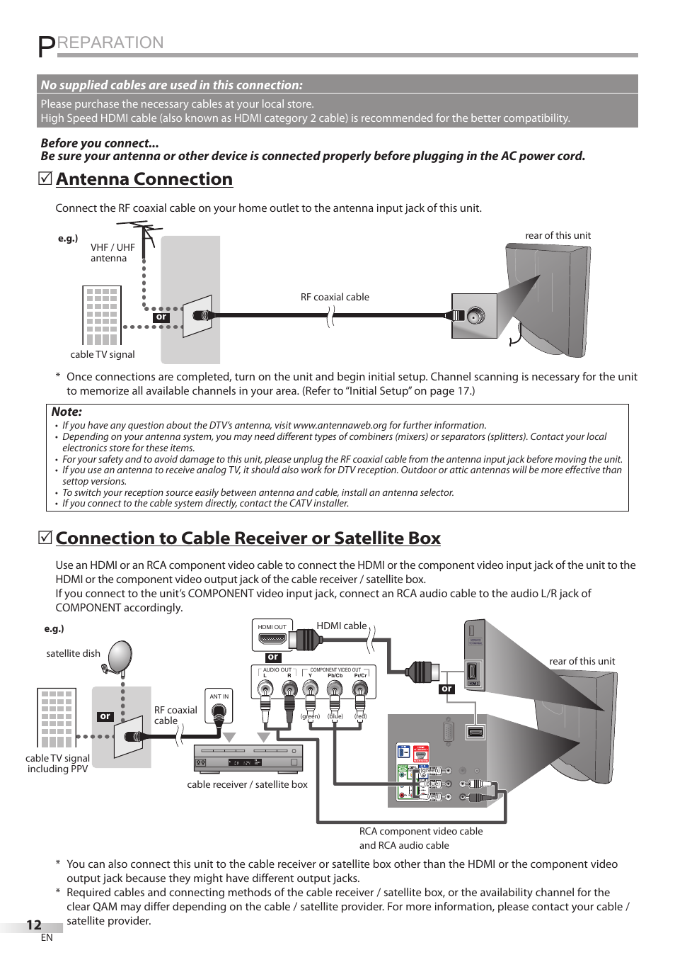 Reparation, Antenna connection, Connection to cable receiver or satellite box | No supplied cables are used in this connection | Philips Magnavox 19MD359B User Manual | Page 12 / 169