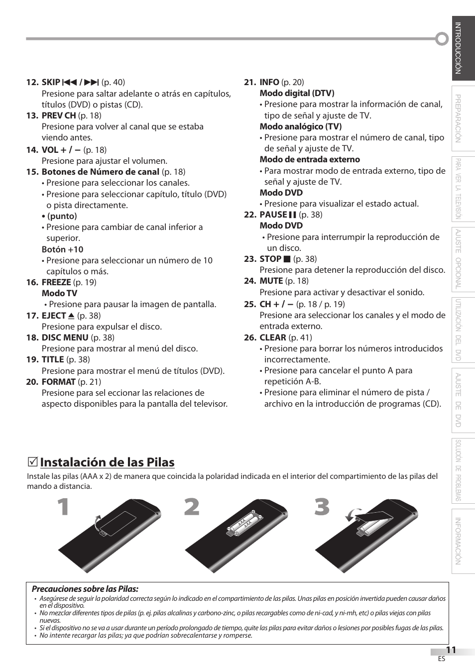 Instalación de las pilas | Philips Magnavox 19MD359B User Manual | Page 123 / 169