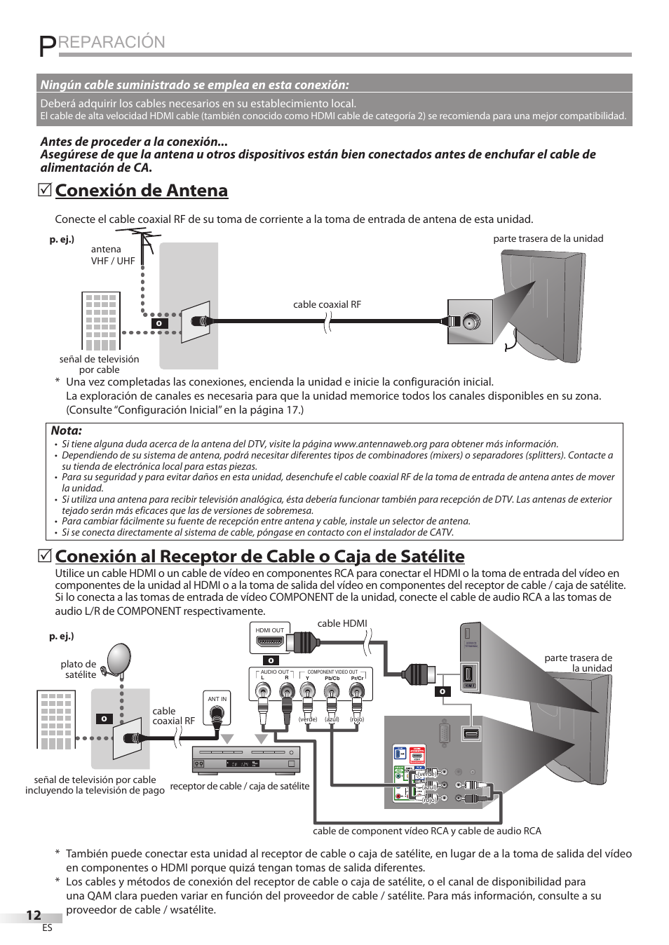 Reparación, Conexión de antena, Conexión al receptor de cable o caja de satélite | Nota | Philips Magnavox 19MD359B User Manual | Page 124 / 169