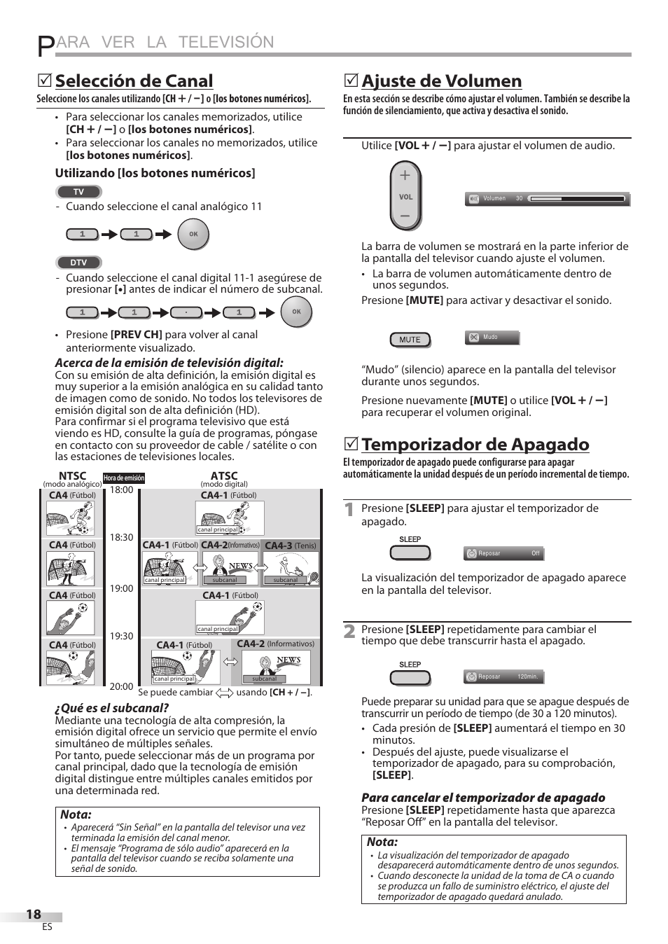 Ara ver la televisión, Selección de canal, Ajuste de volumen | Temporizador de apagado | Philips Magnavox 19MD359B User Manual | Page 130 / 169