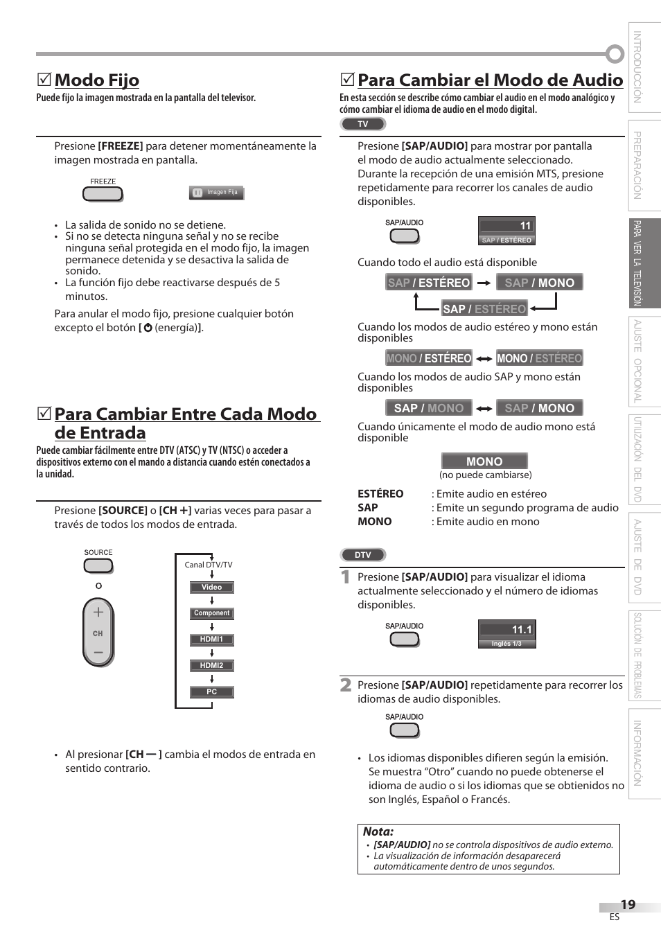 Modo fijo, Para cambiar entre cada modo de entrada, Para cambiar el modo de audio | Philips Magnavox 19MD359B User Manual | Page 131 / 169
