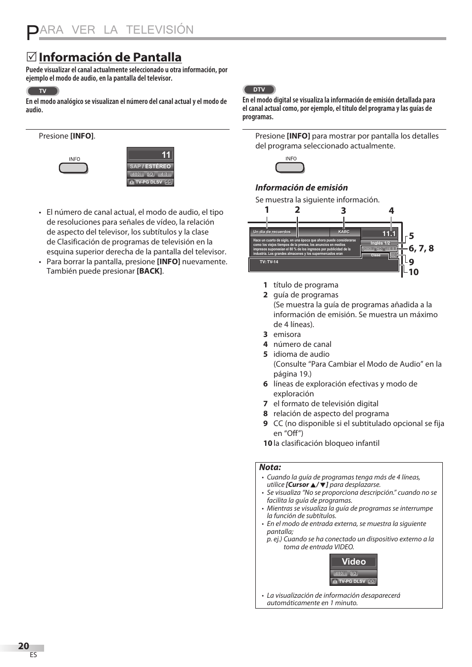 Ara ver la televisión, Información de pantalla, Información de emisión | Nota, Video | Philips Magnavox 19MD359B User Manual | Page 132 / 169