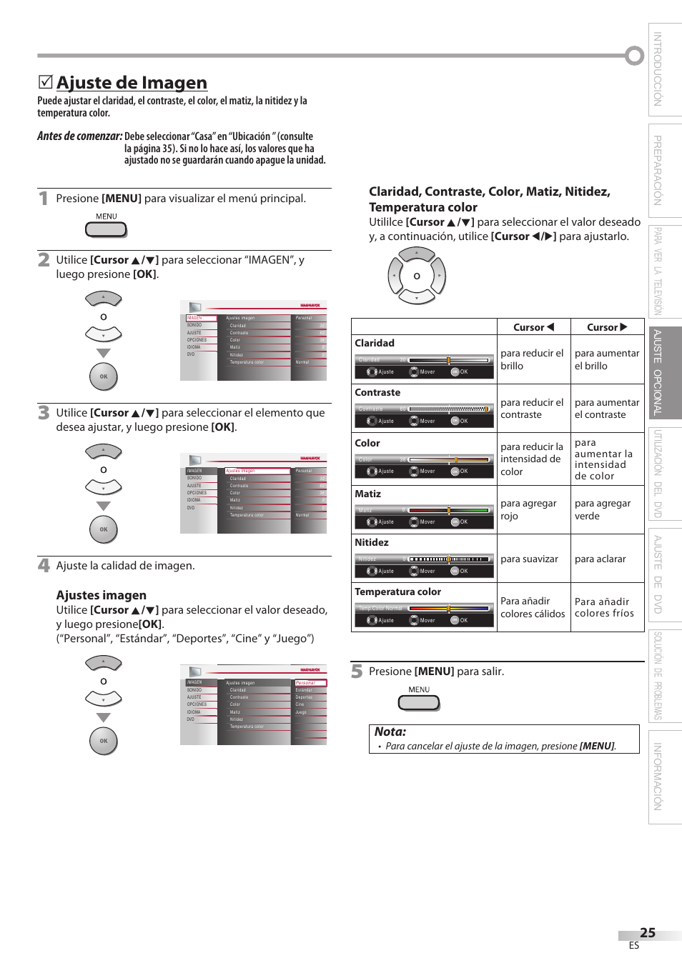 Ajuste de imagen, Antes de comenzar, Ajustes imagen | Nota, Presione [menu] para visualizar el menú principal, Ajuste la calidad de imagen, Presione [menu] para salir | Philips Magnavox 19MD359B User Manual | Page 137 / 169
