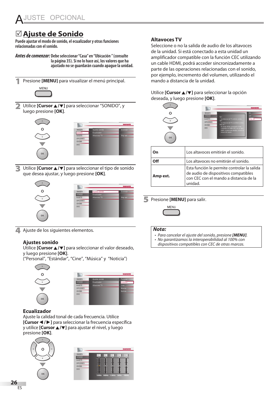 Juste opcional, Ajuste de sonido, Antes de comenzar | Ajustes sonido, Ecualizador, Altavoces tv, Nota, Presione [menu] para visualizar el menú principal, Ajuste de los siguientes elementos, Presione [menu] para salir | Philips Magnavox 19MD359B User Manual | Page 138 / 169