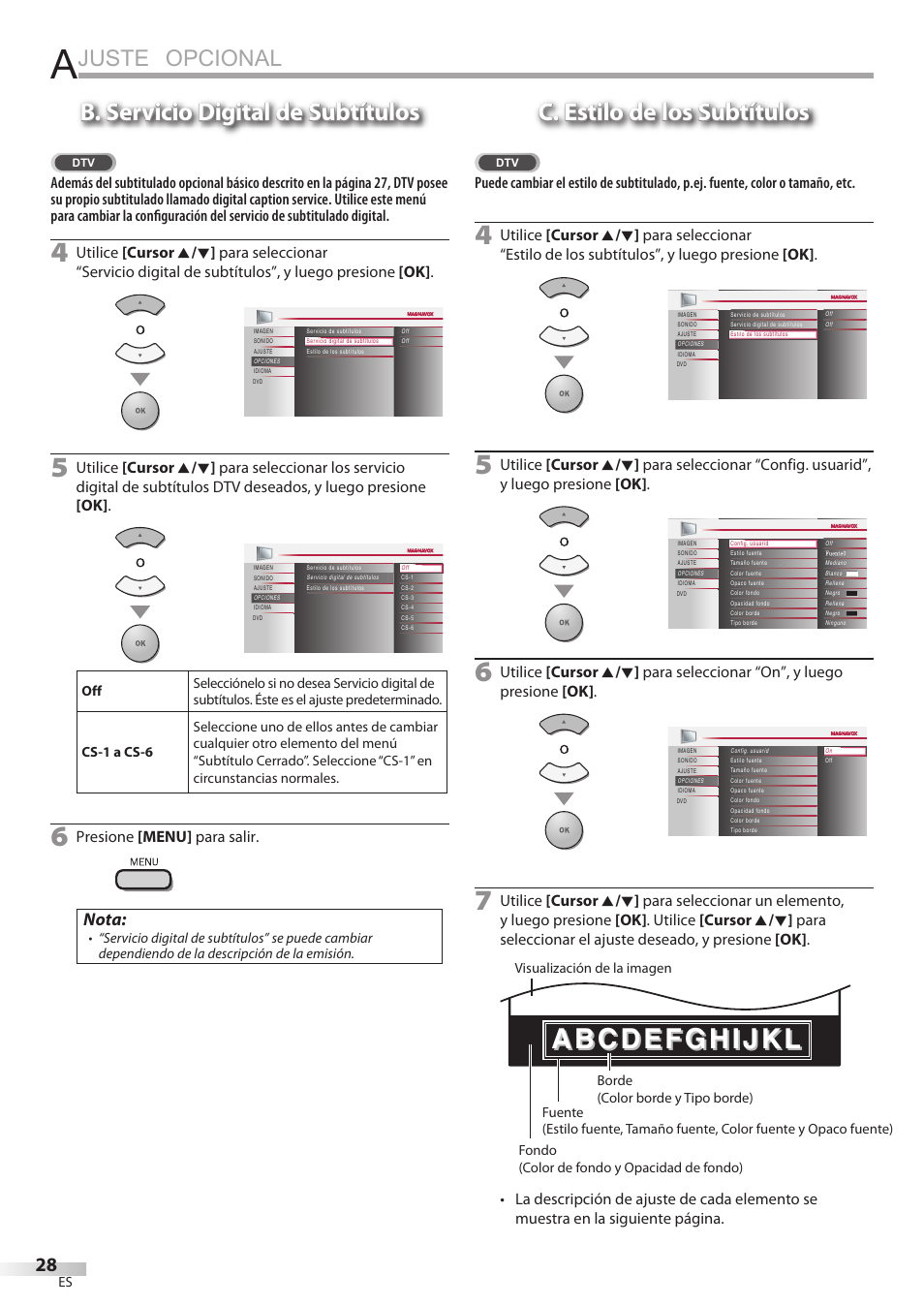 Juste opcional, B. servicio digital de subtítulos, C. estilo de los subtítulos | Nota, Presione [menu] para salir | Philips Magnavox 19MD359B User Manual | Page 140 / 169
