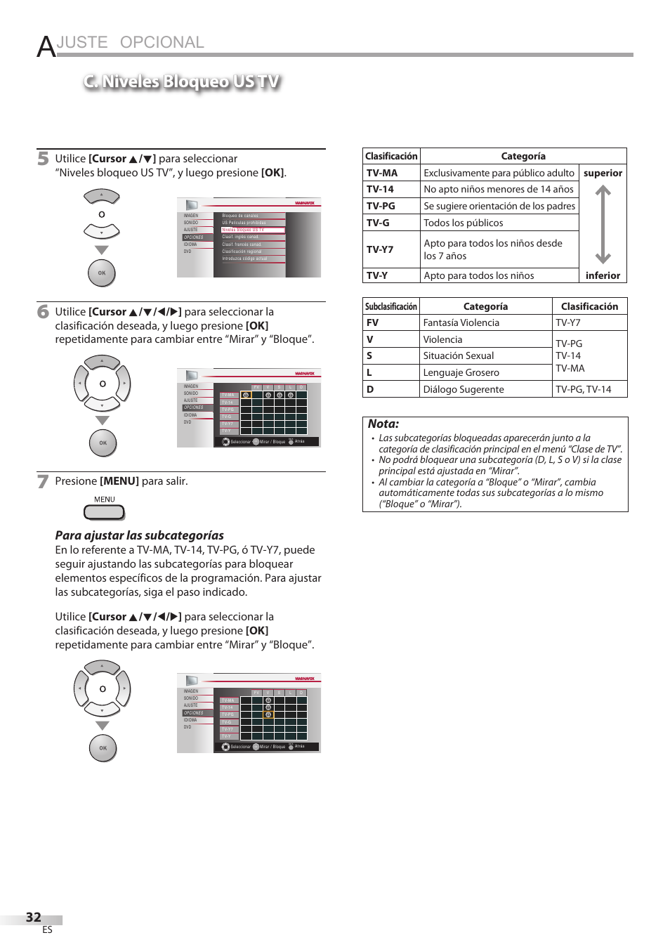 Juste opcional, C. niveles bloqueo us tv, Para ajustar las subcategorías | Nota, Presione [menu] para salir | Philips Magnavox 19MD359B User Manual | Page 144 / 169