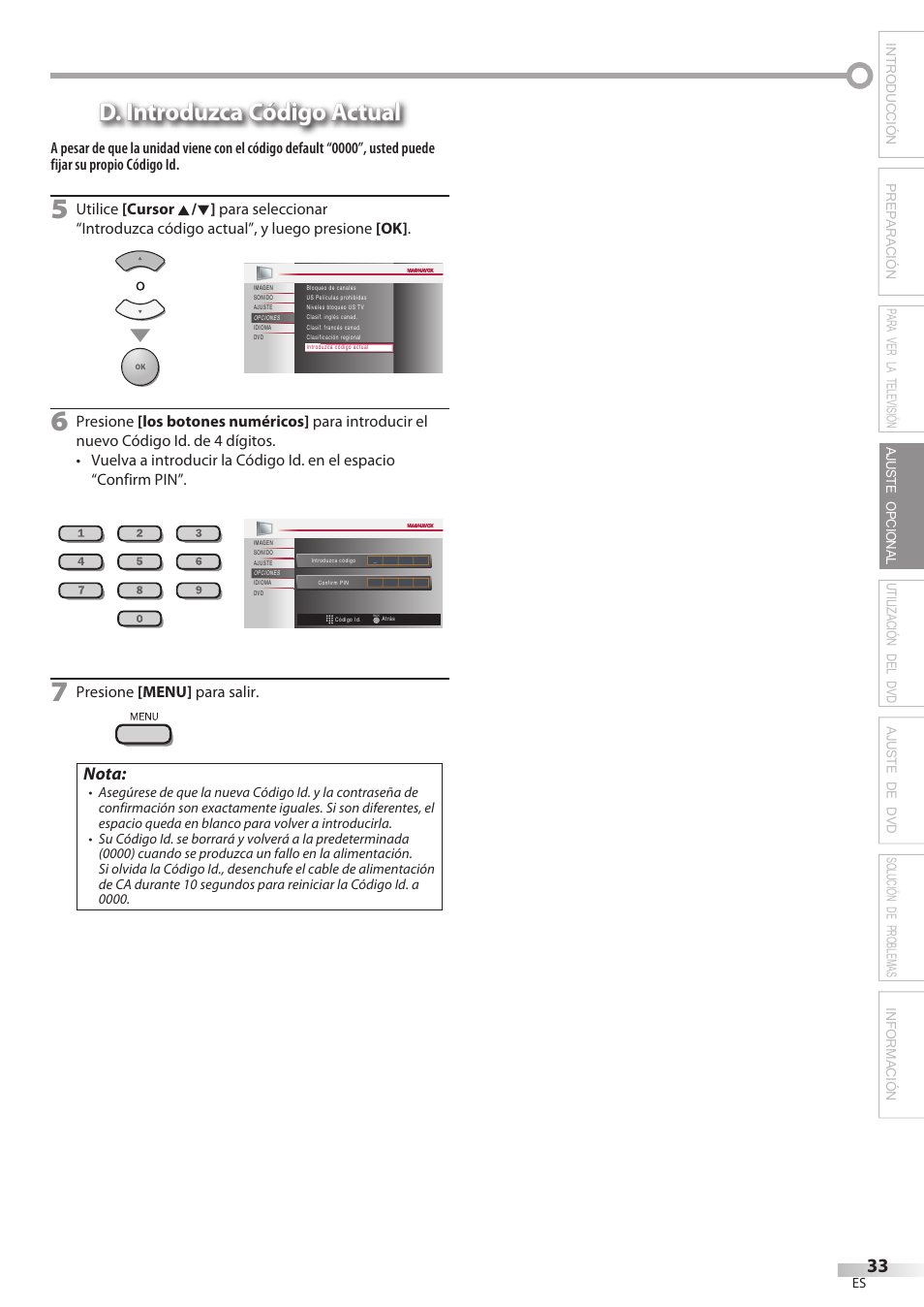 D. introduzca código actual, Nota | Philips Magnavox 19MD359B User Manual | Page 145 / 169