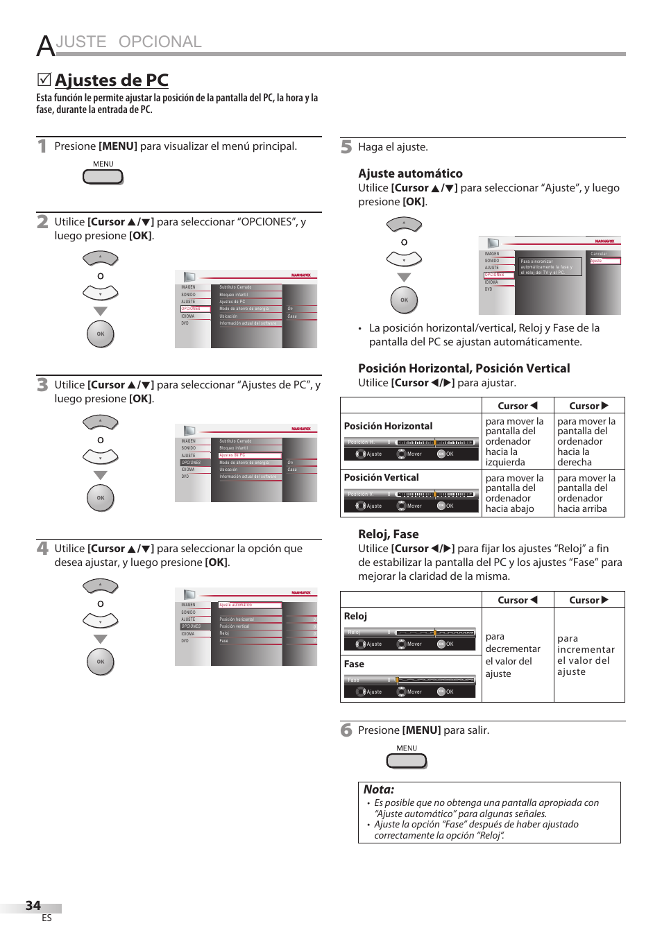 Juste opcional, Ajustes de pc, Ajuste automático | Posición horizontal, posición vertical, Reloj, fase, Nota, Presione [menu] para visualizar el menú principal, Haga el ajuste, Utilice [cursor s / b ] para ajustar, Presione [menu] para salir | Philips Magnavox 19MD359B User Manual | Page 146 / 169