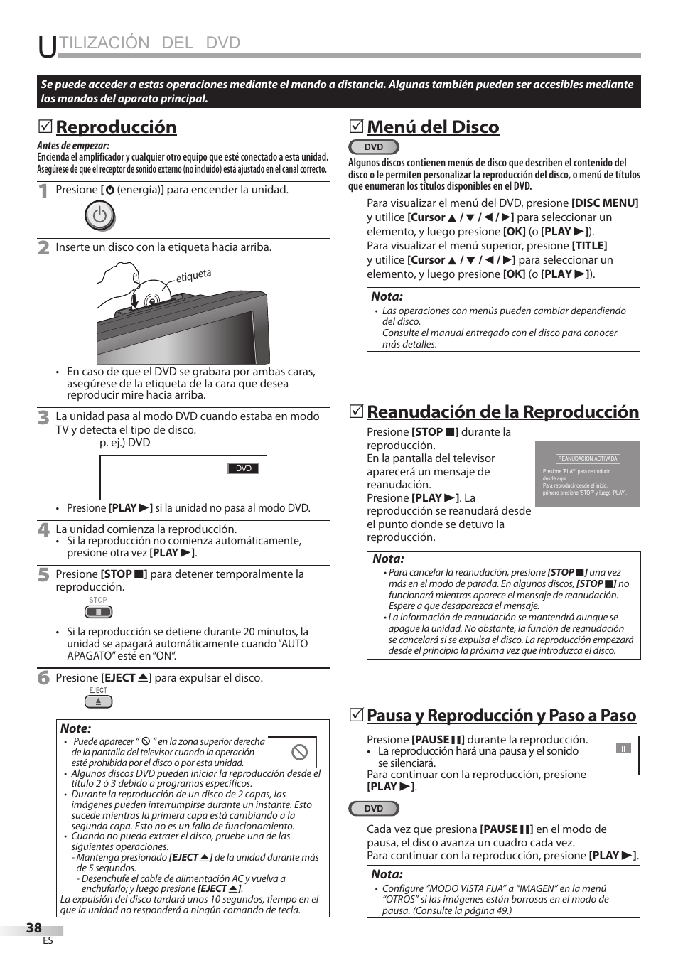 Tilización del dvd, Reproducción, Menú del disco | Reanudación de la reproducción, Pausa y reproducción y paso a paso | Philips Magnavox 19MD359B User Manual | Page 150 / 169