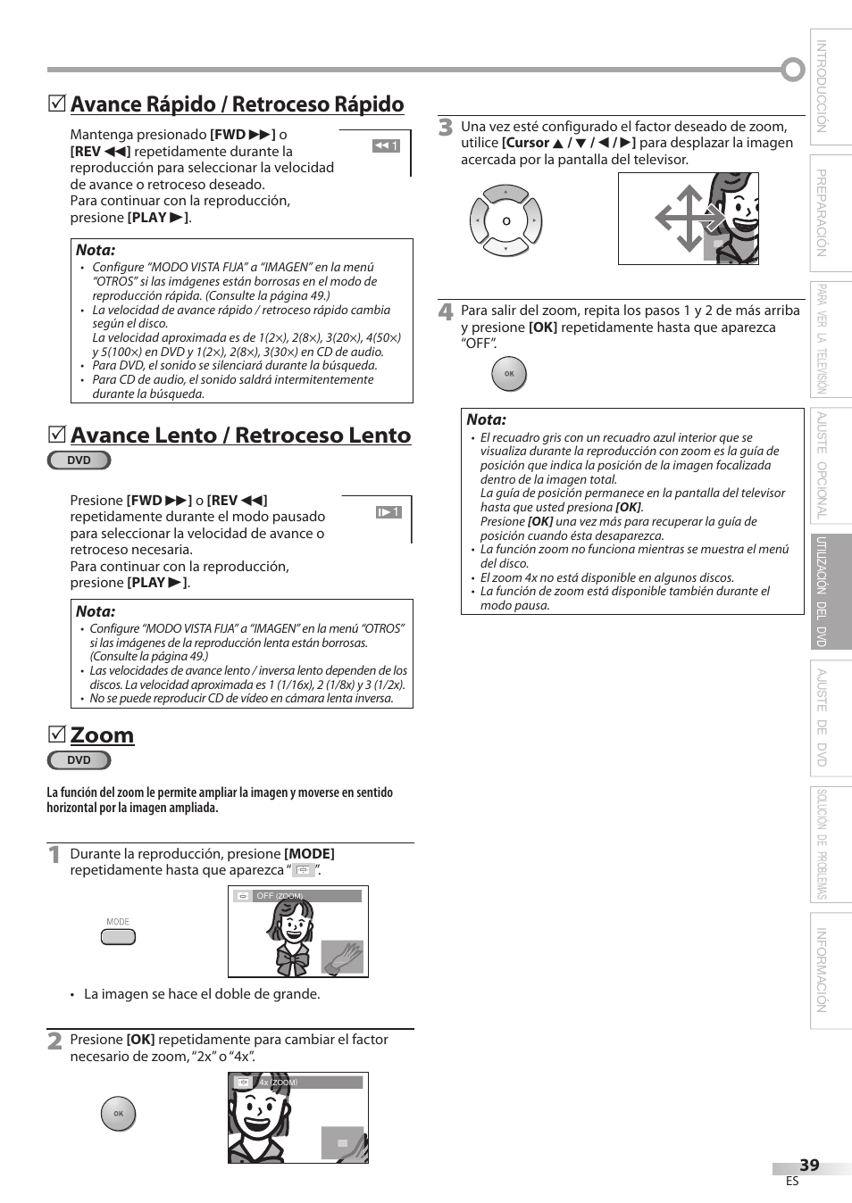 Avance rápido / retroceso rápido, Avance lento / retroceso lento, Zoom | Philips Magnavox 19MD359B User Manual | Page 151 / 169