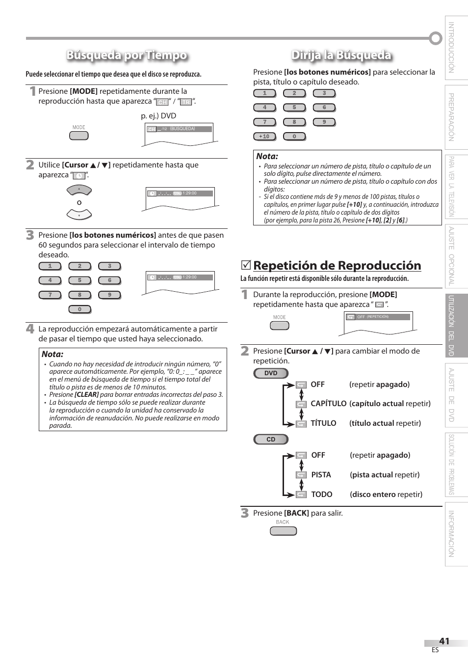 Búsqueda por tiempo, Dirija la búsqueda, Repetición de reproducción | Philips Magnavox 19MD359B User Manual | Page 153 / 169