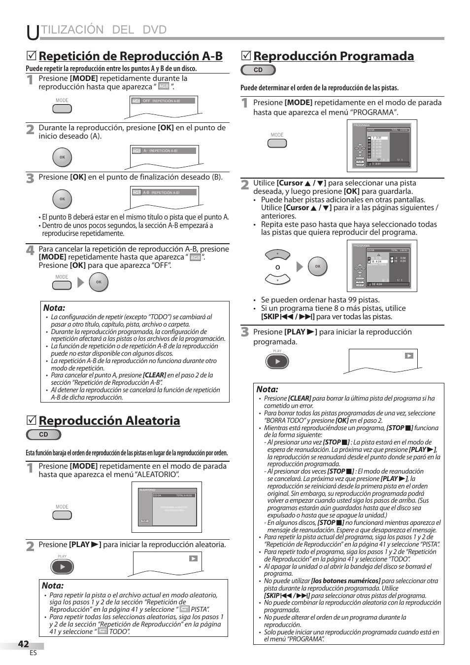 Tilización del dvd, Repetición de reproducción a-b, Reproducción aleatoria | 5reproducción programada, Nota | Philips Magnavox 19MD359B User Manual | Page 154 / 169