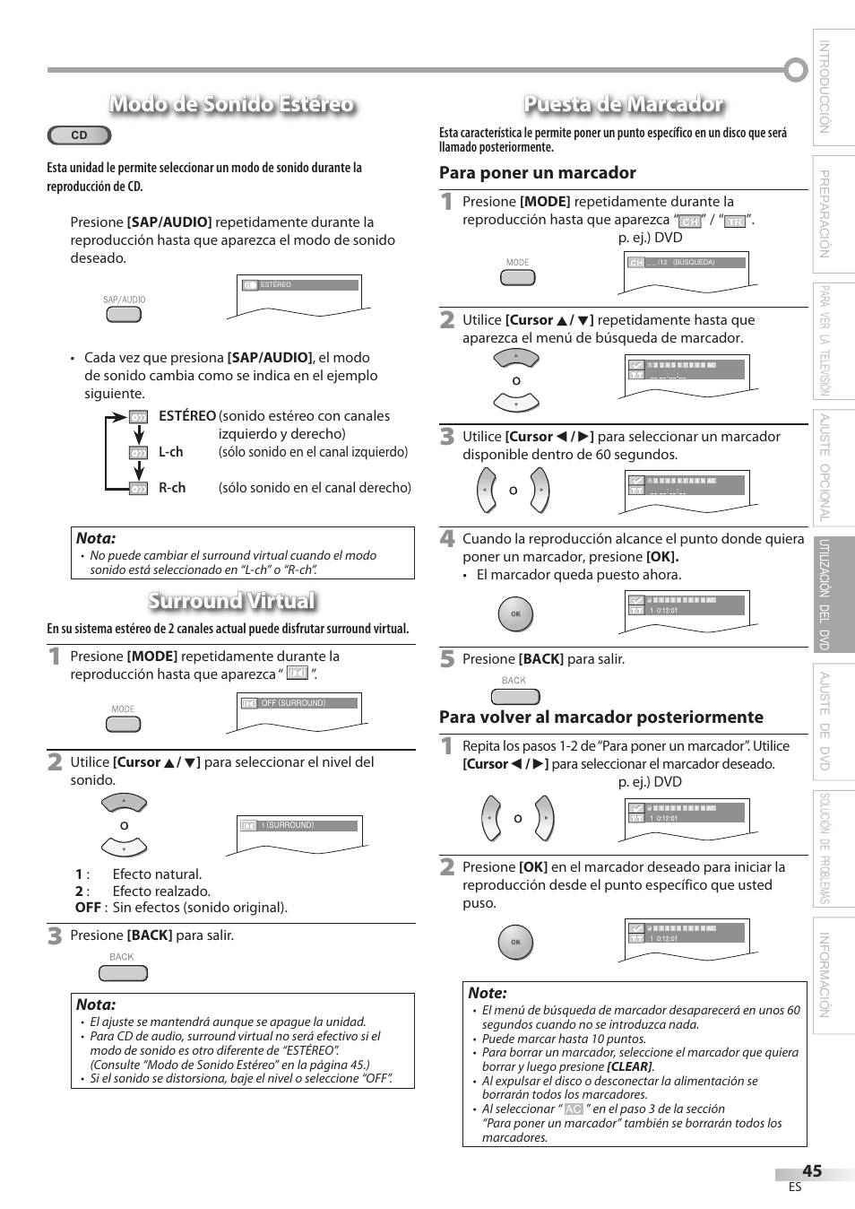 Modo de sonido estéreo, Surround virtual, Puesta de marcador | Philips Magnavox 19MD359B User Manual | Page 157 / 169
