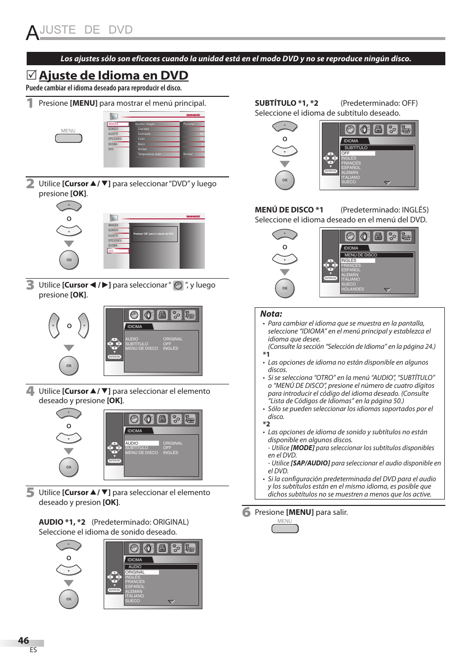 Juste de dvd, Ajuste de idioma en dvd, Nota | Philips Magnavox 19MD359B User Manual | Page 158 / 169