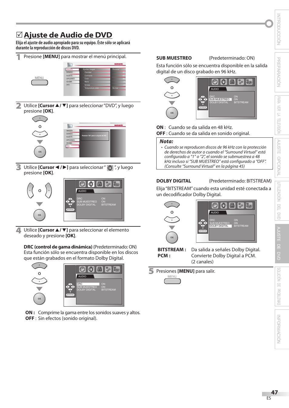 Ajuste de audio de dvd, Nota, Presione [menu] para mostrar el menú principal | Presiones [menu] para salir | Philips Magnavox 19MD359B User Manual | Page 159 / 169